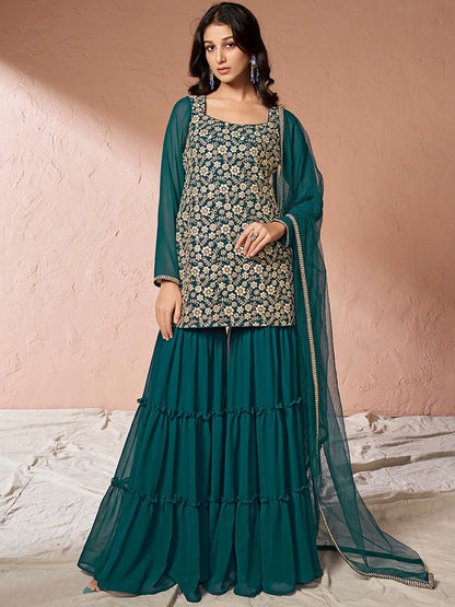 Dhiyona IN Teal Floral Embroidered Sequinned Georgette Kurta With Sharara & Dupatta