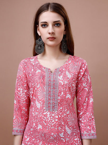 Dhiyona IS Women's Floral Printed Round Neck Pure Cotton Kurta with Trousers & Dupatta