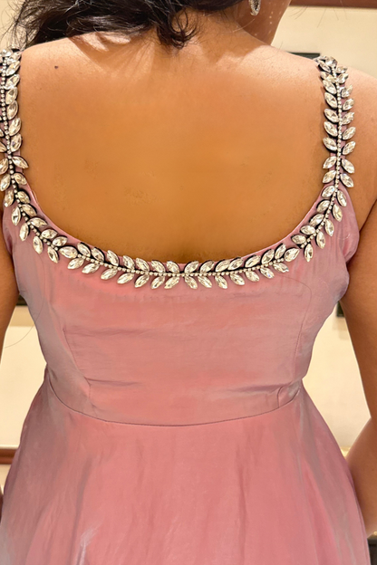 Dhiyona ST 3 pc Suit - Pink Blue Metallic Sleeveless Anarkali with Glass Trim