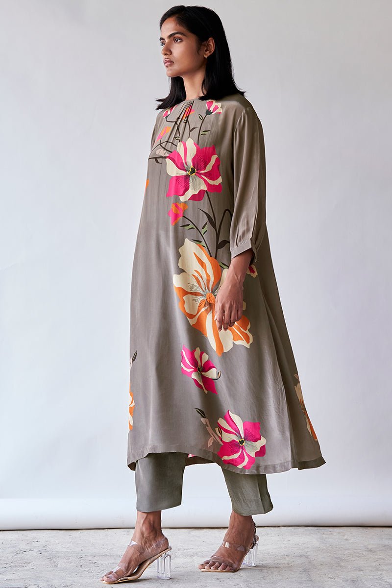 Women's Grey Floral Printed Bemberg Silk Co-ord Set