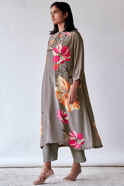 Women's Grey Floral Printed Bemberg Silk Co-ord Set