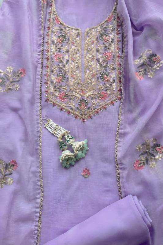 Dhiyona ST 3 Pc Unstitched Suit - Mul Lilac Kashmiri Embroidery Kurta with Beads , Embroidered Dupatta and Bottom