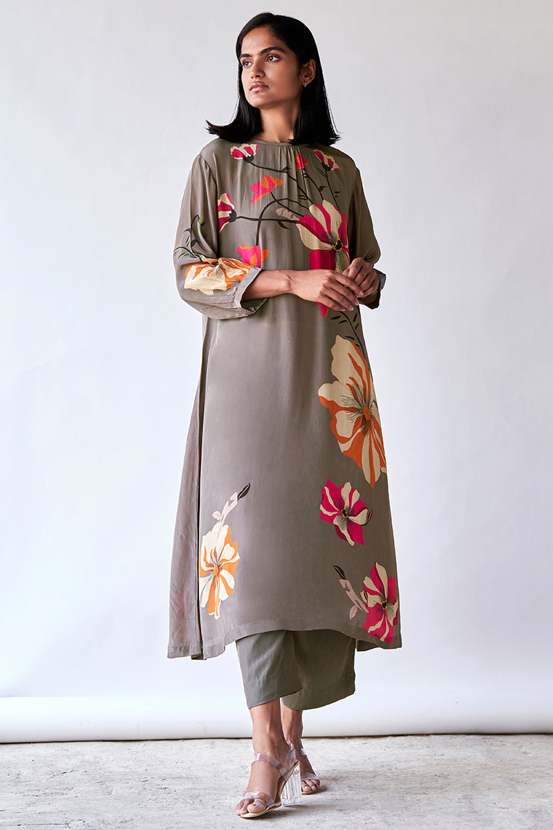 Women's Grey Floral Printed Bemberg Silk Co-ord Set
