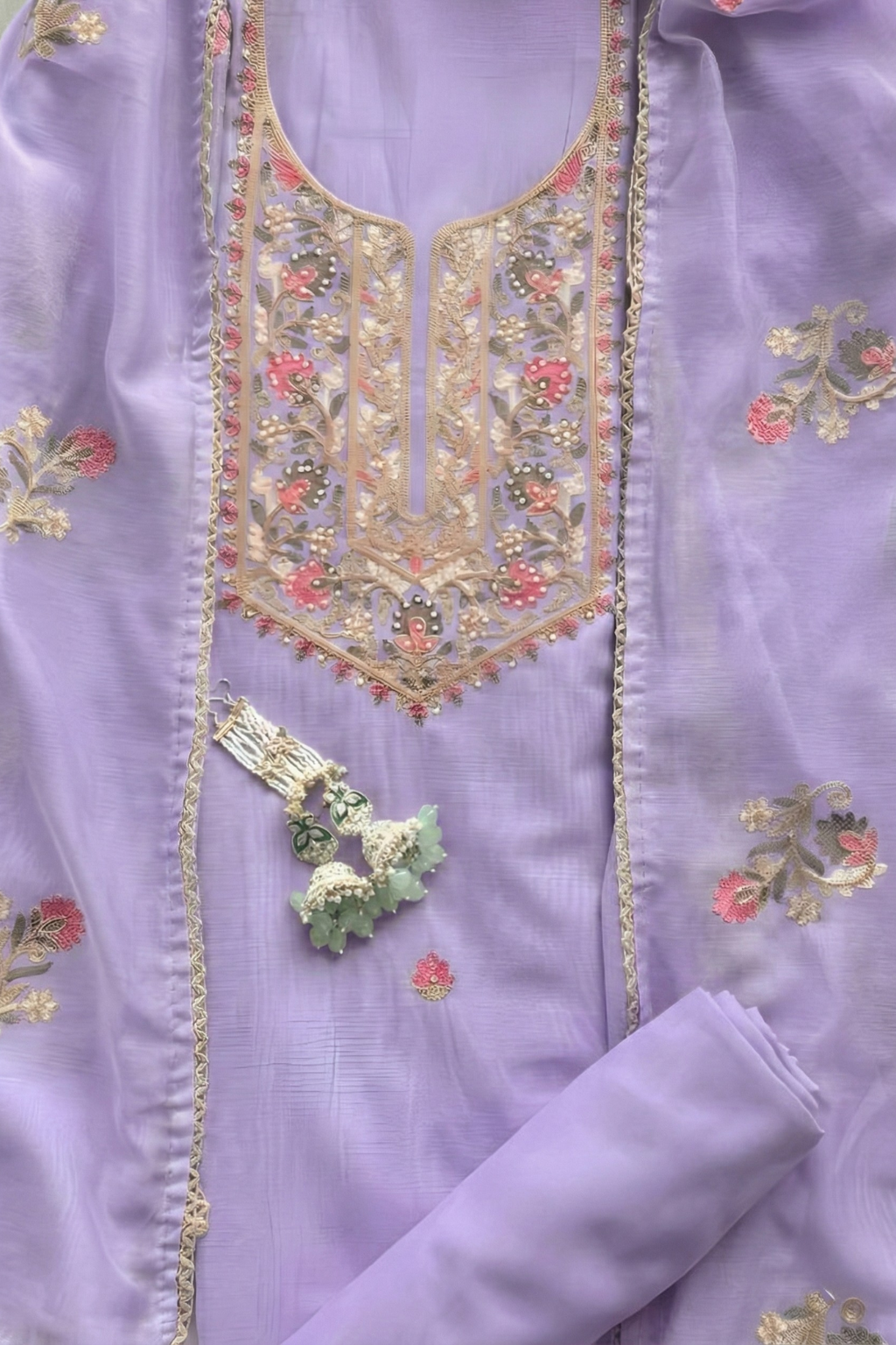Dhiyona ST 3 Pc Unstitched Suit - Mul Lilac Kashmiri Embroidery Kurta with Beads , Embroidered Dupatta and Bottom
