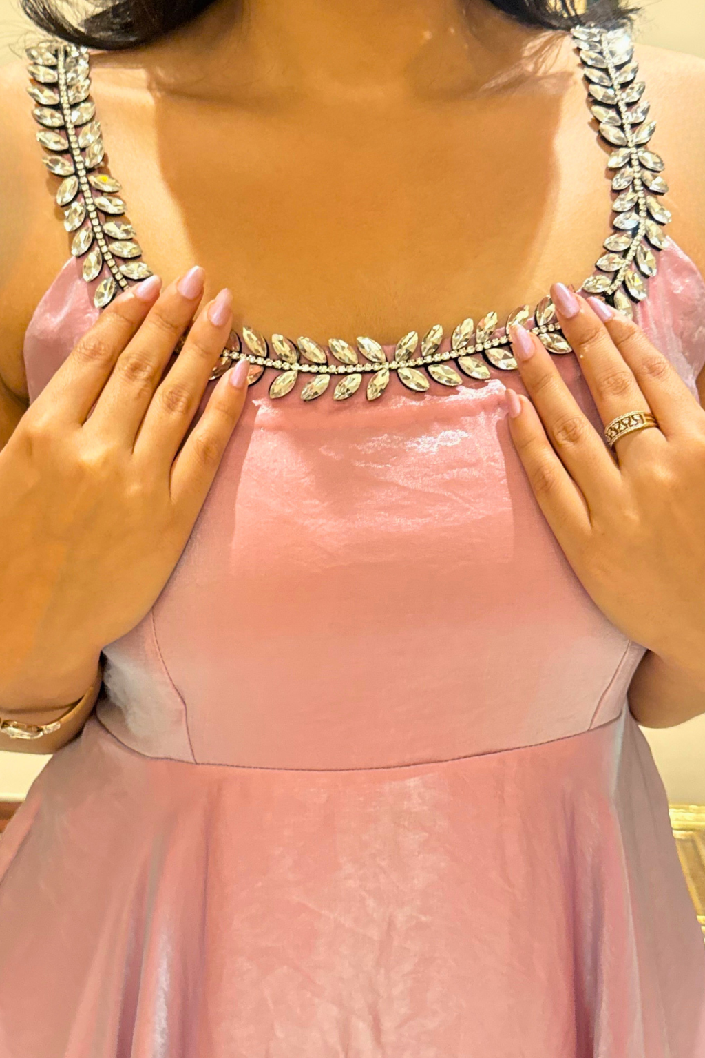 Dhiyona ST 3 pc Suit - Pink Blue Metallic Sleeveless Anarkali with Glass Trim