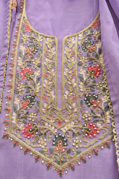 Dhiyona ST 3 Pc Unstitched Suit - Mul Lilac Kashmiri Embroidery Kurta with Beads , Embroidered Dupatta and Bottom