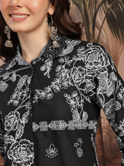 Floral Printed Monochrome Pure Cotton Kurta with Trousers