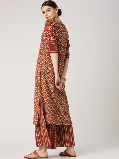 Women Maroon & Olive Green Printed A-Line Kurta with Palazzos