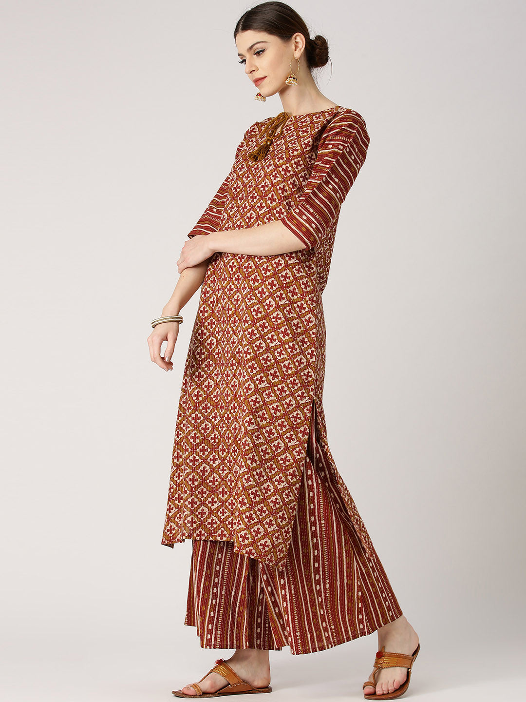 Women Maroon & Olive Green Printed A-Line Kurta with Palazzos