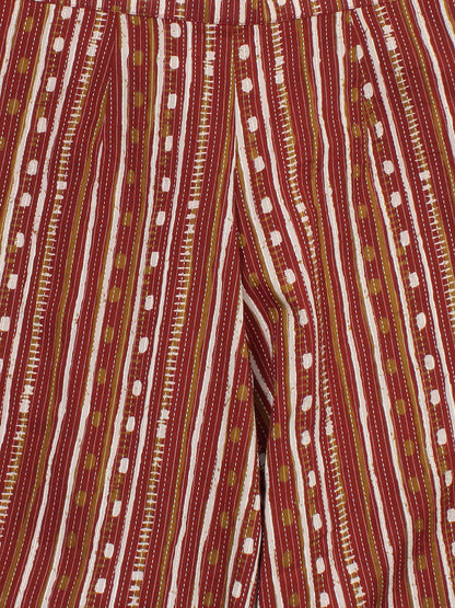 Women Maroon & Olive Green Printed A-Line Kurta with Palazzos