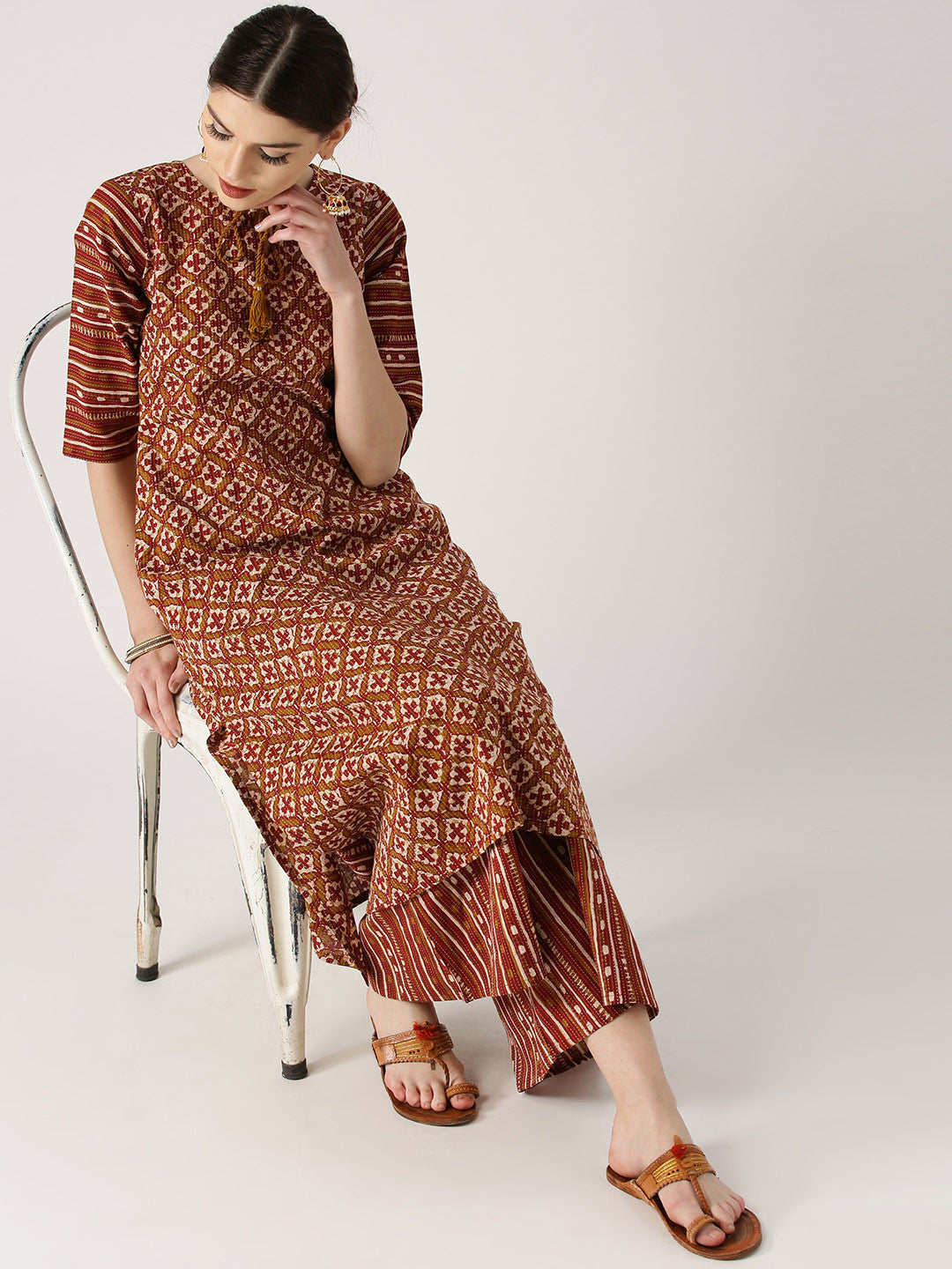 Women Maroon & Olive Green Printed A-Line Kurta with Palazzos