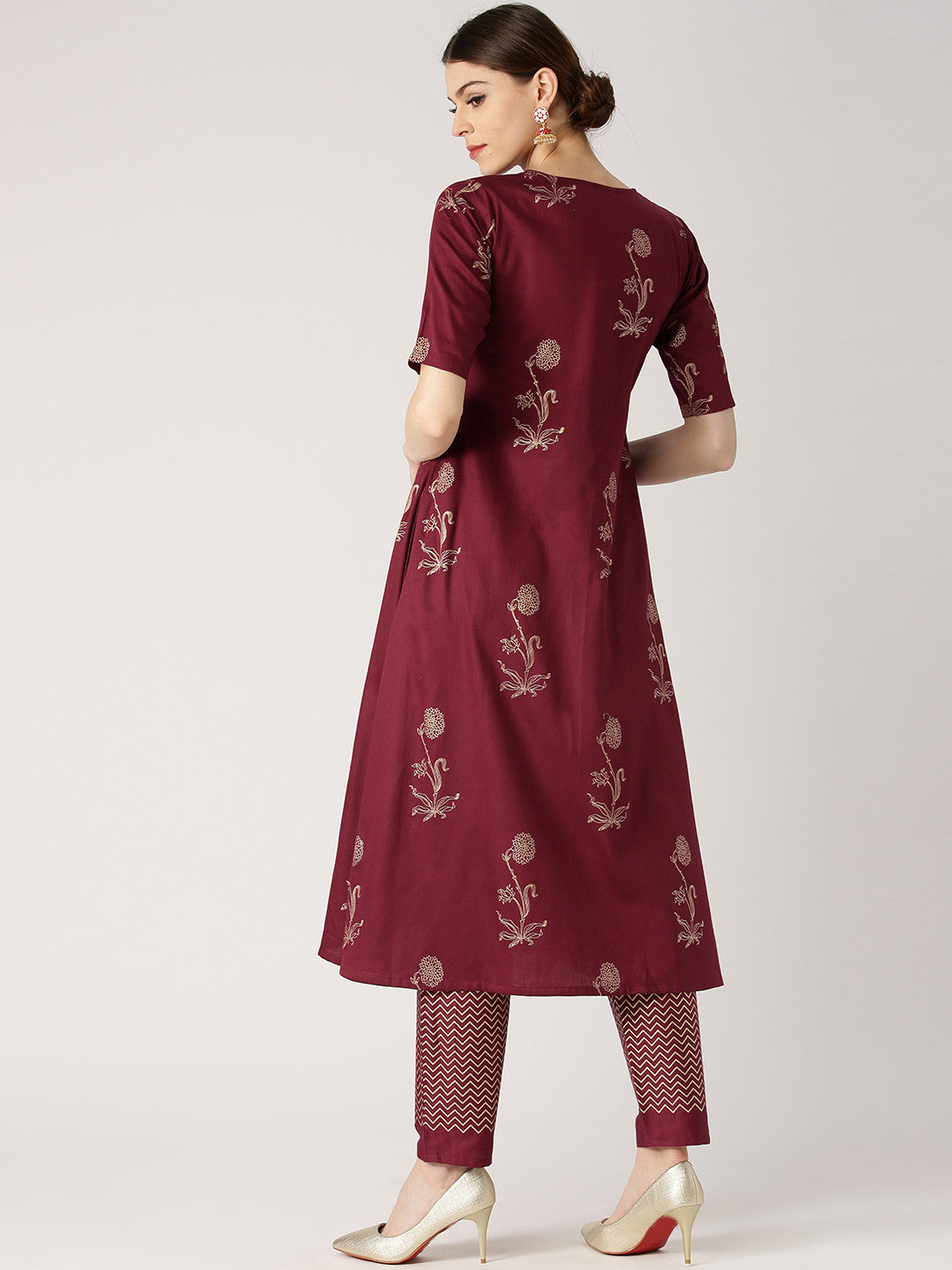 Women Maroon & Gold-Toned Printed A-Line Kurta with Trousers