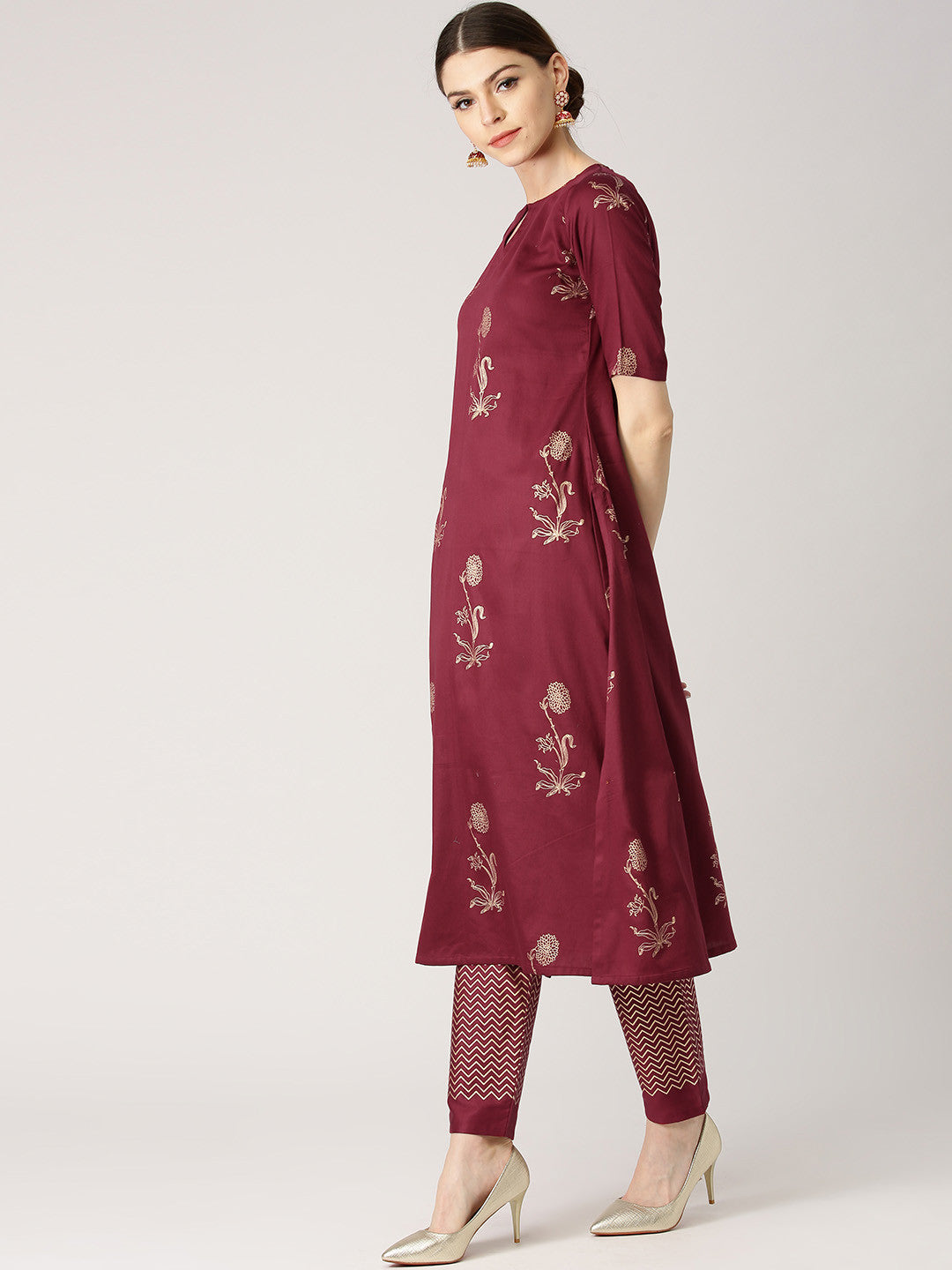 Women Maroon & Gold-Toned Printed A-Line Kurta with Trousers