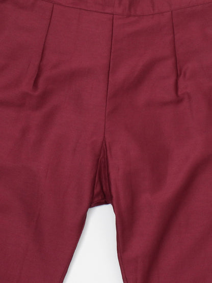 Women Maroon & Gold-Toned Printed A-Line Kurta with Trousers