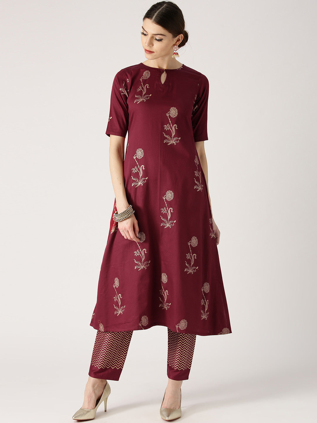 Women Maroon & Gold-Toned Printed A-Line Kurta with Trousers