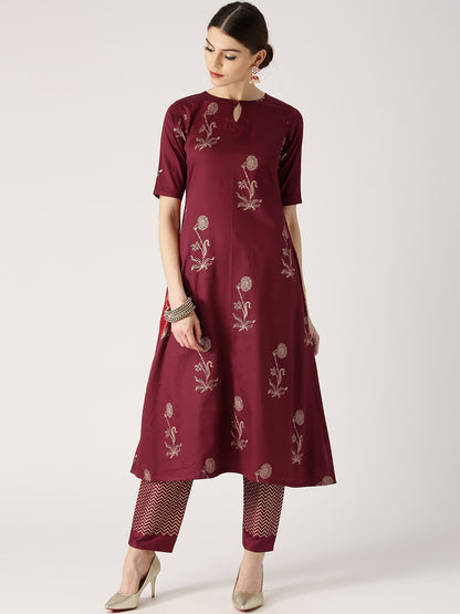 Women Maroon & Gold-Toned Printed A-Line Kurta with Trousers