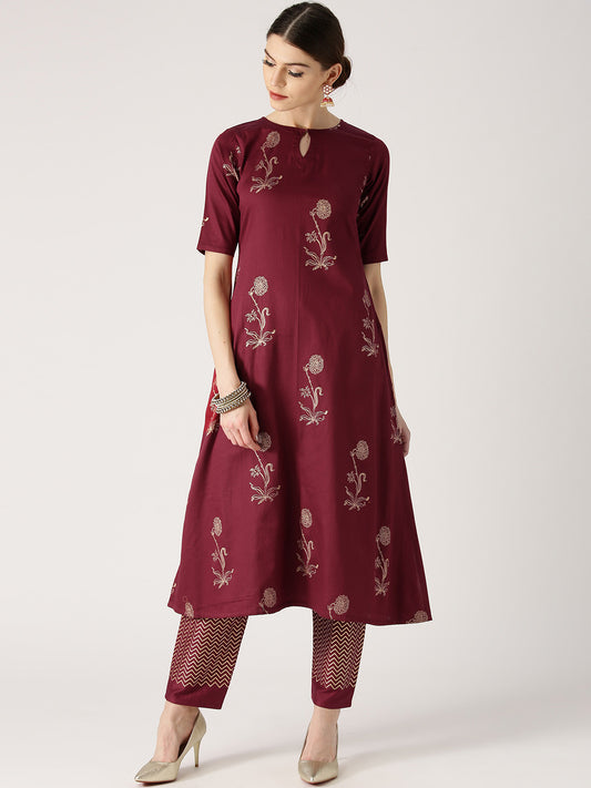 Women Maroon & Gold-Toned Printed A-Line Kurta with Trousers