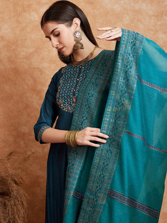 Dhiyona SN Women's Teal Blue Embroidered Zari Sequence A Line Kurta & Trousers Dupatta