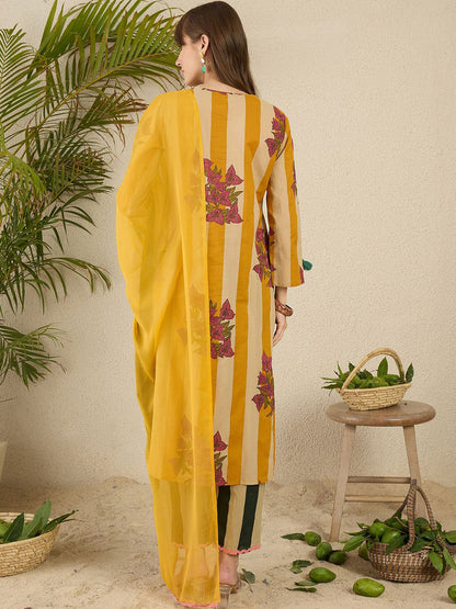 Women Tribal Striped Regular Pure Cotton Kurtas & Trousers With Dupatta