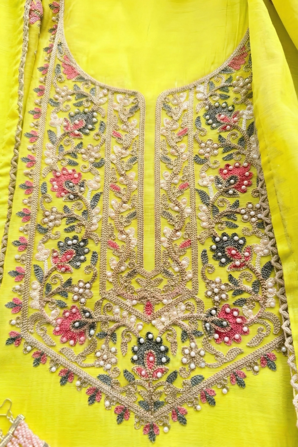 Dhiyona ST 3 Pc Unstitched Suit - Mul Yellow Kashmiri Embroidery Kurta with Beads , Embroidered Dupatta and Bottom