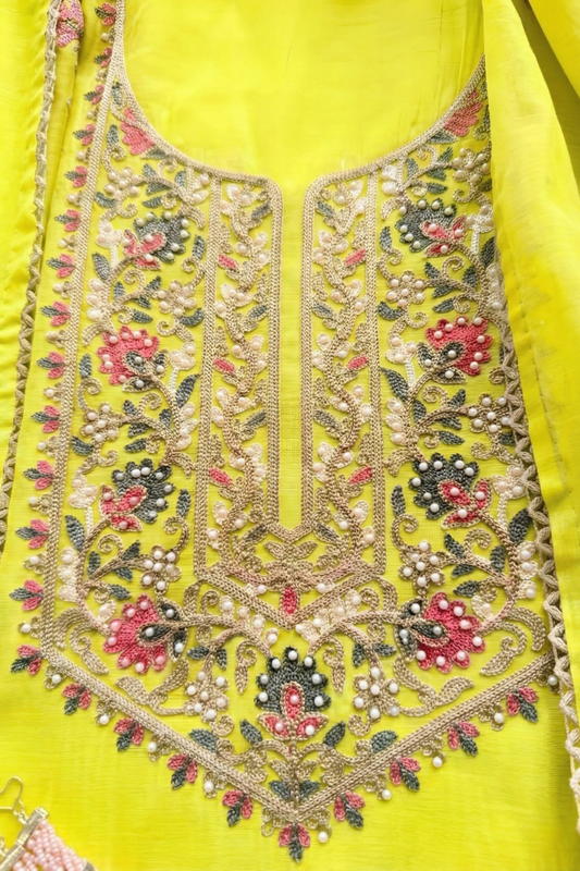Dhiyona ST 3 Pc Unstitched Suit - Mul Yellow Kashmiri Embroidery Kurta with Beads , Embroidered Dupatta and Bottom