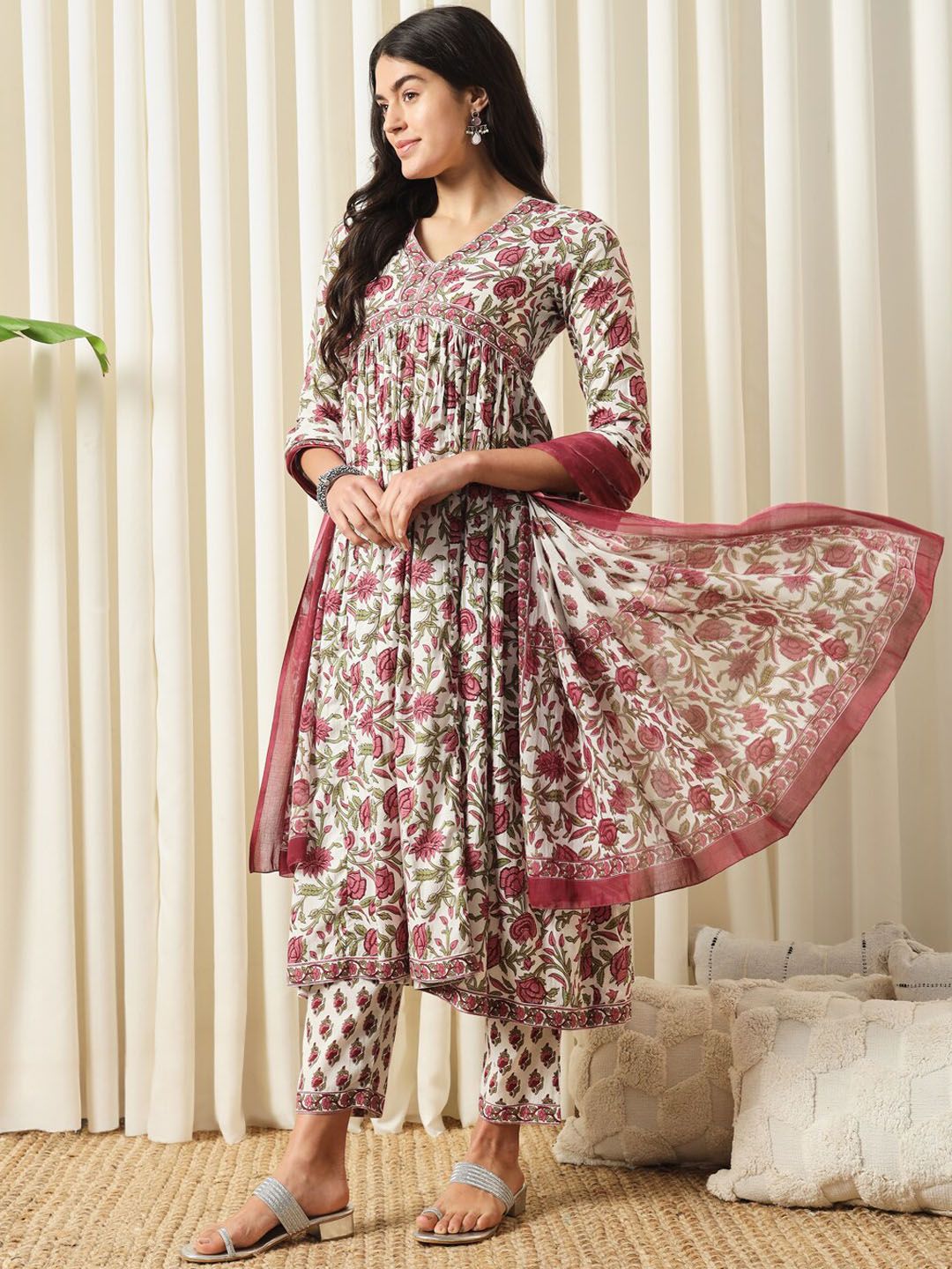 Dhiyona KL Floral Printed Pure Cotton Empire Kurta With Trouser & Dupatta