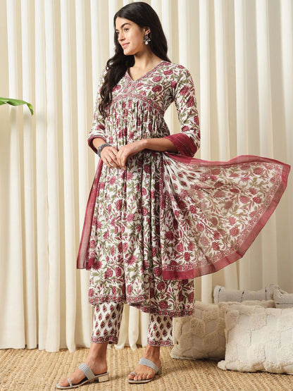 Dhiyona KL Floral Printed Pure Cotton Empire Kurta With Trouser & Dupatta