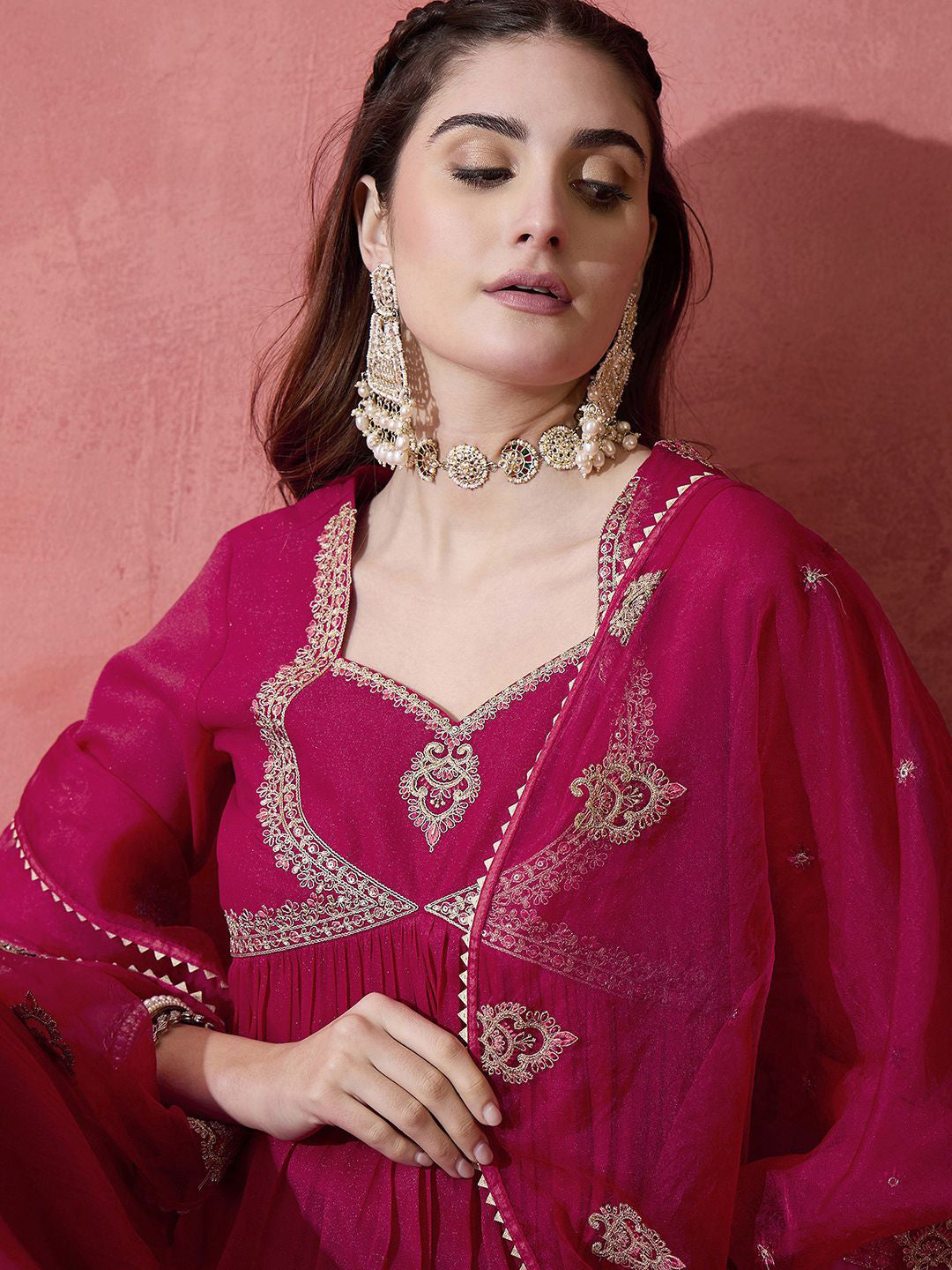 Maroon And Gold Pleated Zari rounnd Neck A-Line Kurta With Trousers And Dupatta
