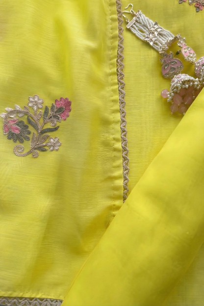 Dhiyona ST 3 Pc Unstitched Suit - Mul Yellow Kashmiri Embroidery Kurta with Beads , Embroidered Dupatta and Bottom