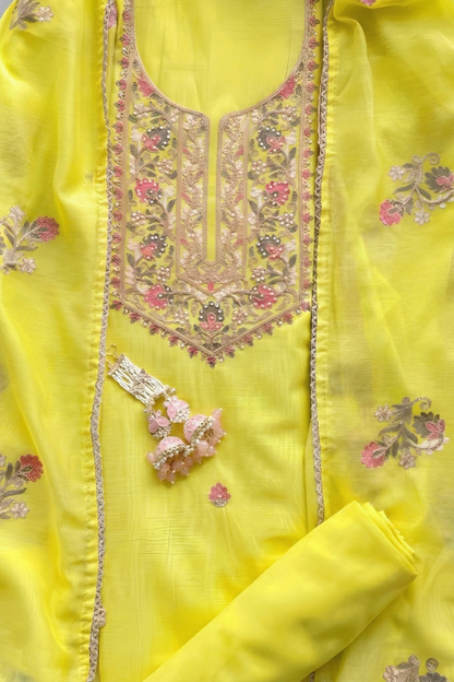 Dhiyona ST 3 Pc Unstitched Suit - Mul Yellow Kashmiri Embroidery Kurta with Beads , Embroidered Dupatta and Bottom