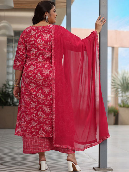 Dhiyona Women's Plus Size Floral Printed Pure Cotton Kurta with Palazzos & Dupatta