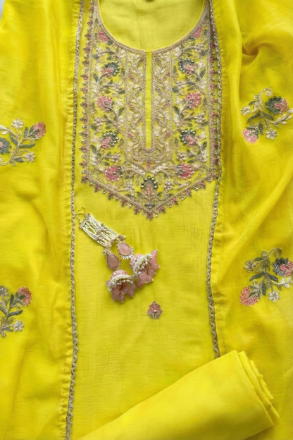 Dhiyona ST 3 Pc Unstitched Suit - Mul Yellow Kashmiri Embroidery Kurta with Beads , Embroidered Dupatta and Bottom