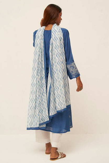 Women's Blue and White Bermberg Silk Embroidered Salwar Suit