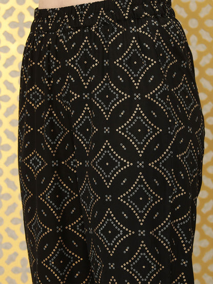 Dhiyona OD  Women Black Bandhani Pleated Kurta with Trousers & With Dupatta
