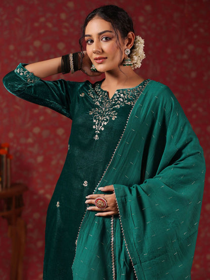 Dhiyona IS Women's Teal Ethnic Motifs Embroidered Thread Work Velvet Kurta With Trousers & Dupatta
