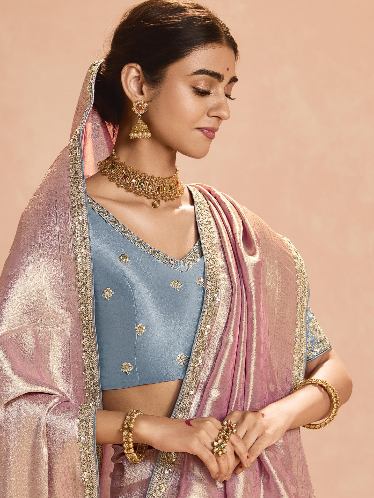 Dhiyona KM Women Blush Pink Kanjivaram Silk Saree With Elegant Blue Embroidered Blouse “ Subtle Glamour