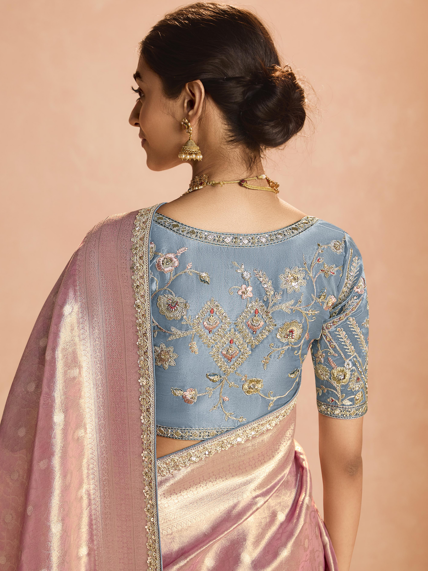 Dhiyona KM Women Blush Pink Kanjivaram Silk Saree With Elegant Blue Embroidered Blouse “ Subtle Glamour
