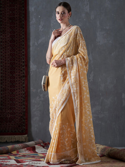 Women's Organza Yellow Embellished Designer Saree With Blouse Piece