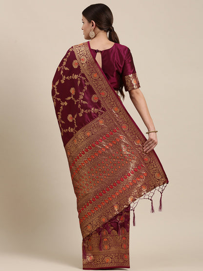 Women's Kanjeevaram Silk Purple Woven Design Designer Saree With Blouse Piece