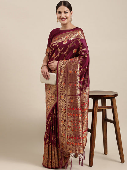 Women's Kanjeevaram Silk Purple Woven Design Designer Saree With Blouse Piece