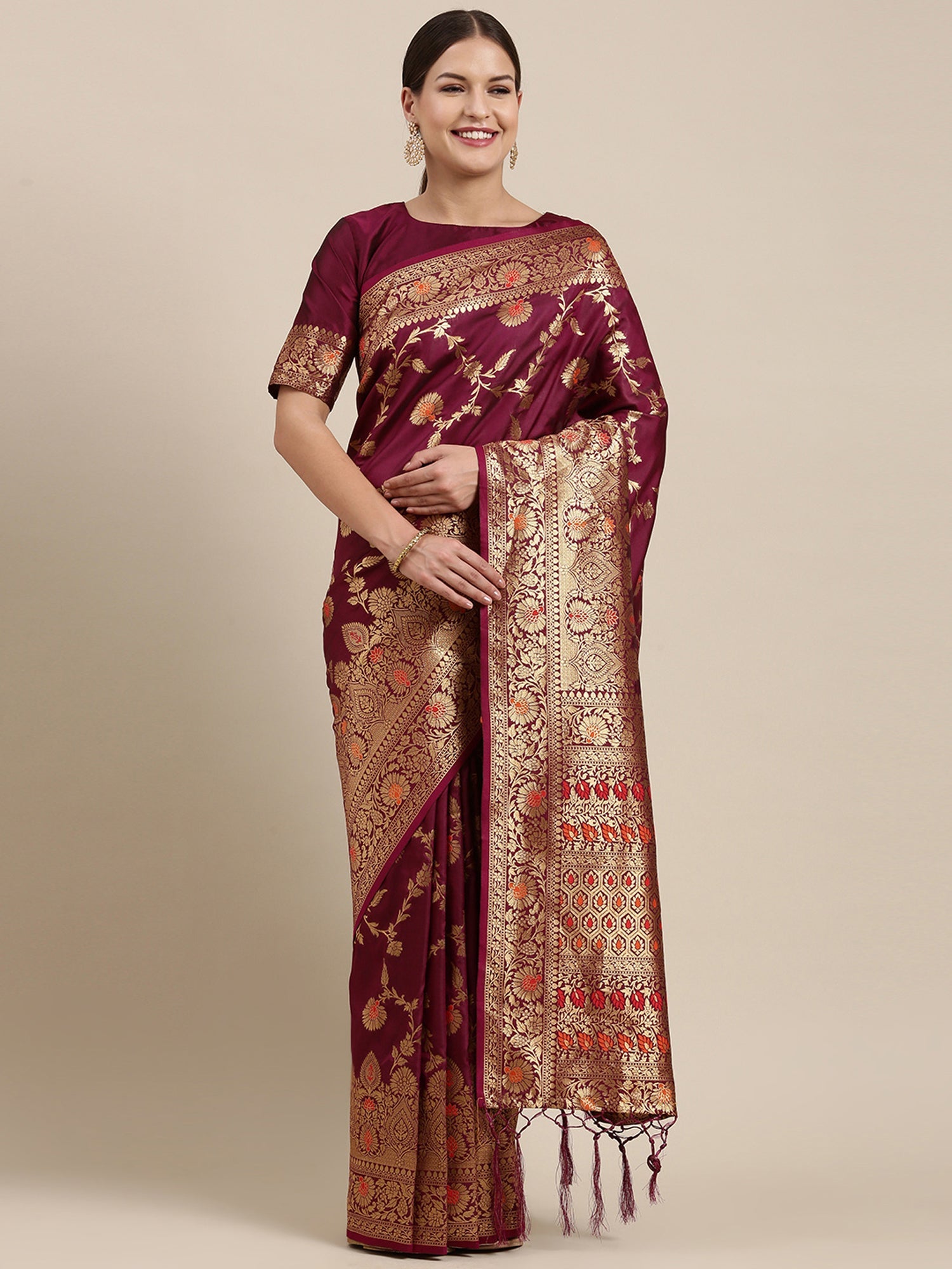 Women's Kanjeevaram Silk Purple Woven Design Designer Saree With Blouse Piece
