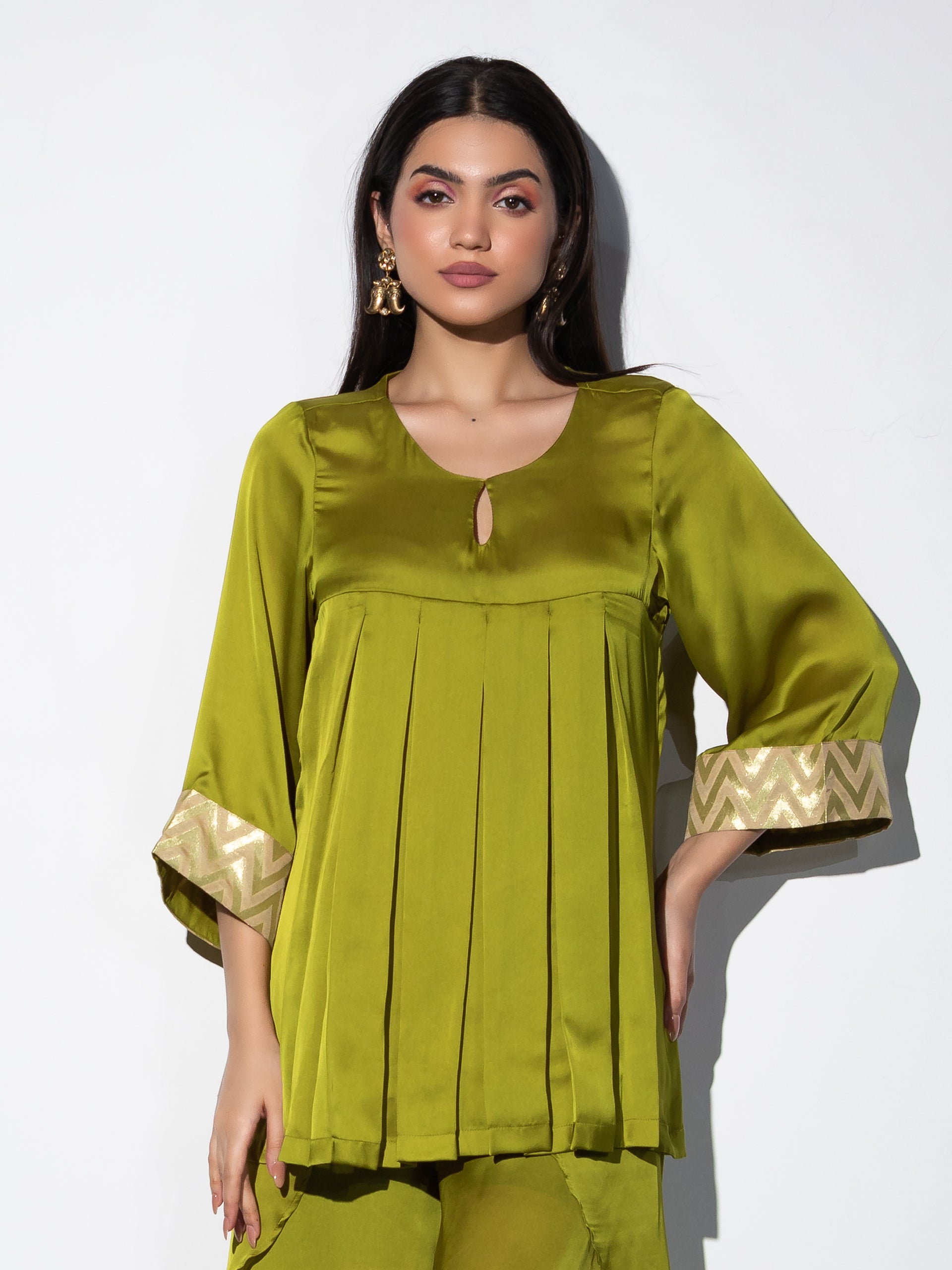 Dhiyona ST Women's Lime Green Satin Kurta with Pleated Front and Inner Brocade Cuff 1 Piece | Straight Fit, Round Neck, 3/4 Sleeves, Festive Wear, (Satin)