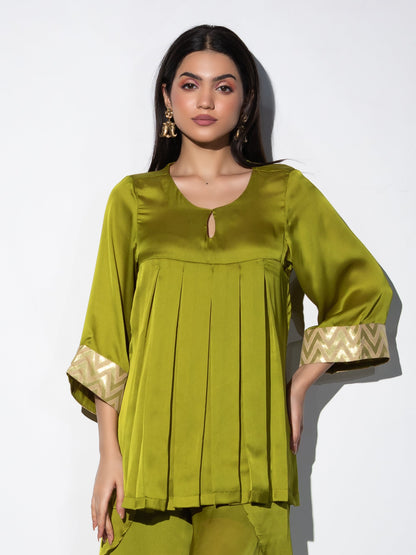 Dhiyona ST Women's Lime Green Satin Kurta with Pleated Front and Inner Brocade Cuff 1 Piece | Straight Fit, Round Neck, 3/4 Sleeves, Festive Wear, (Satin)