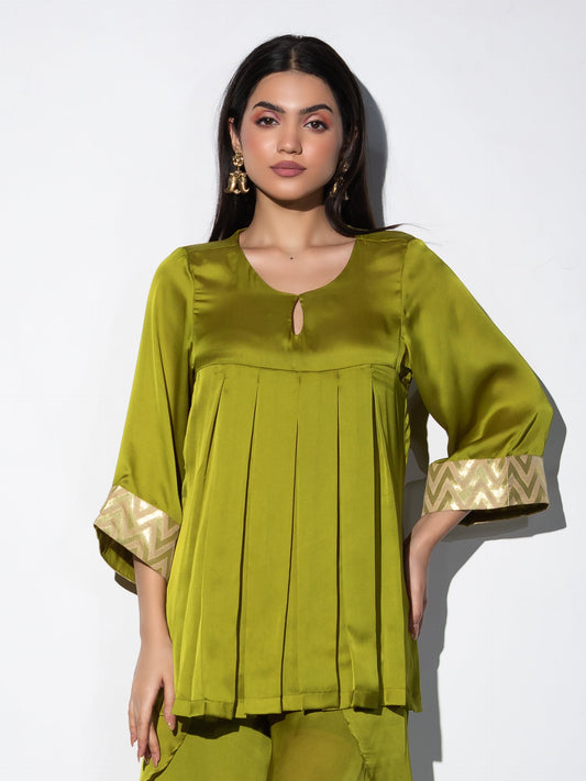 Dhiyona ST Women's Lime Green Satin Kurta with Pleated Front and Inner Brocade Cuff 1 Piece | Straight Fit, Round Neck, 3/4 Sleeves, Festive Wear, (Satin)