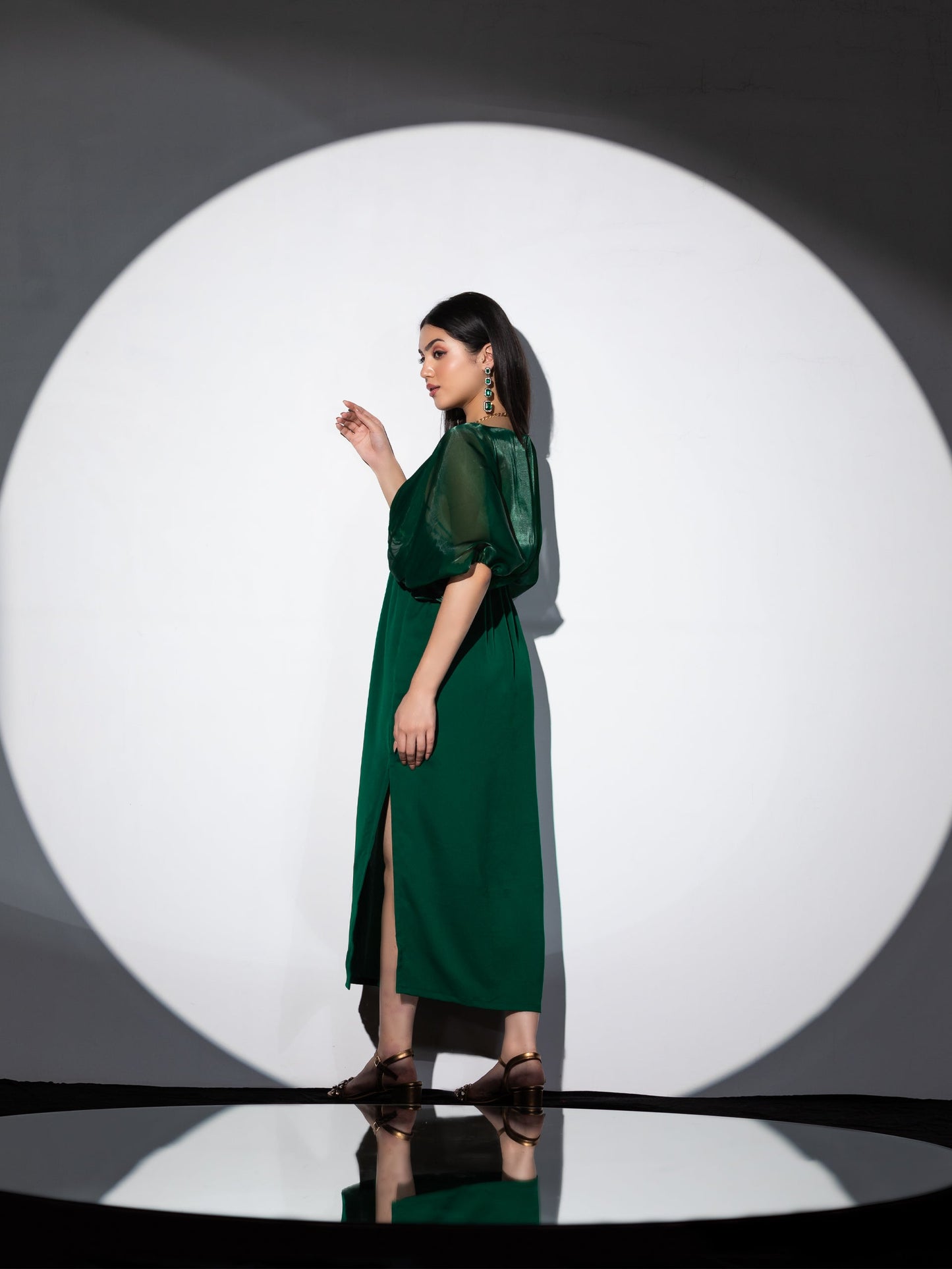 Dhiyona ST Women's Metal Strap Korean Emerald Dress Set with Satin Organza Cape 2 Piece Set | A-Line, V Neck, Sleeveless, Partywear, (Satin Organza)