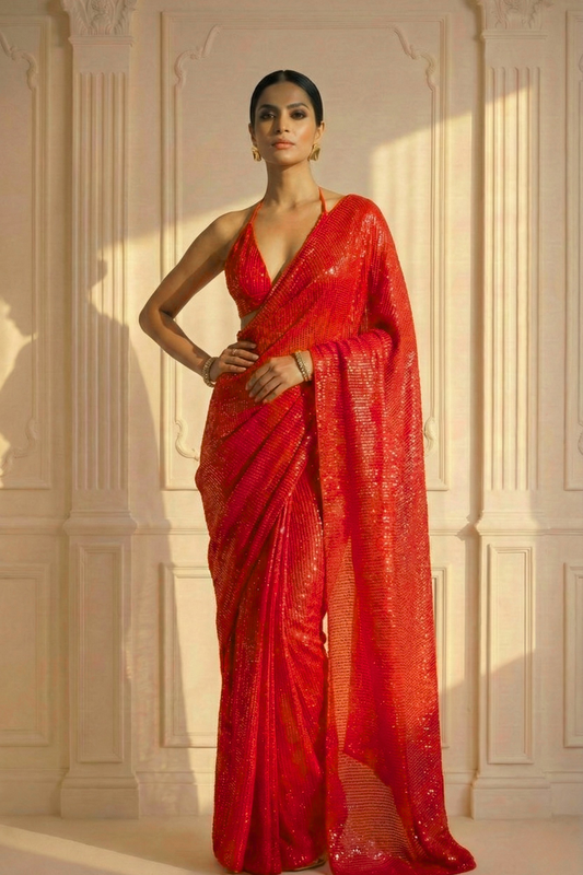 Dhiyona ST Scarlet Rouge Knitted Sequin Saree with Blouse Fabric