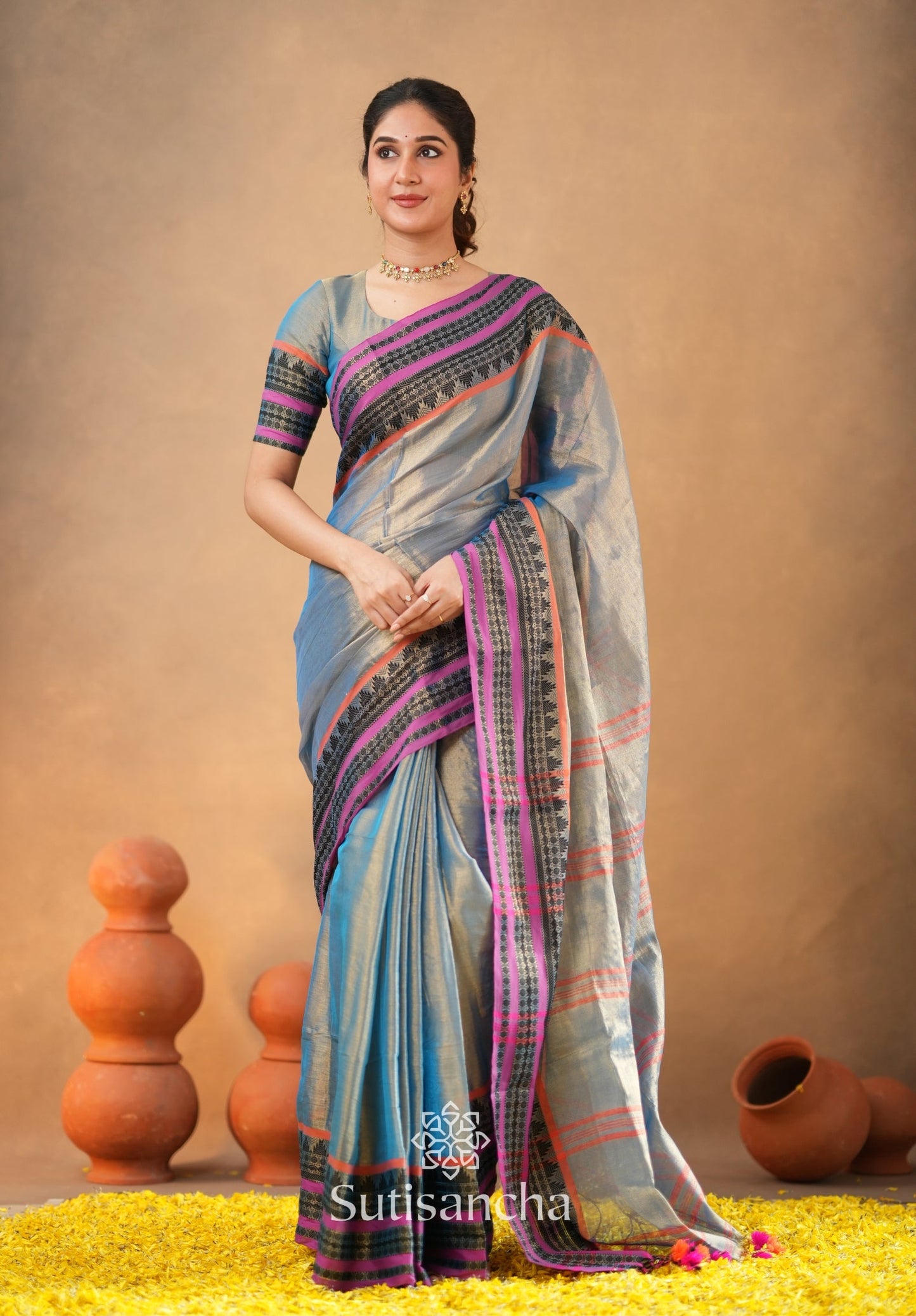 Dhiyona SS South Charm Tissue Cotton Saree with Traditional Border