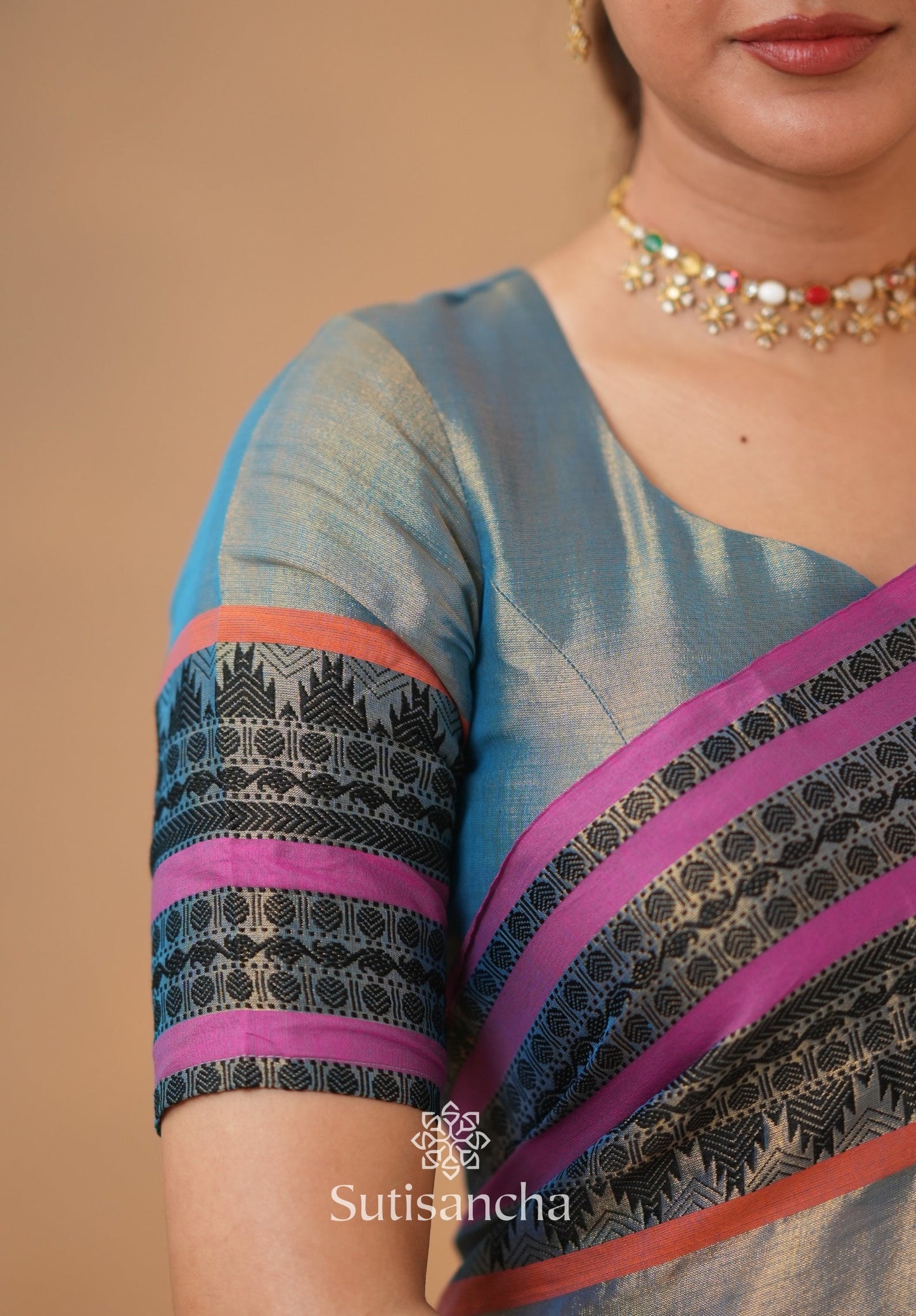 Dhiyona SS South Charm Tissue Cotton Saree with Traditional Border