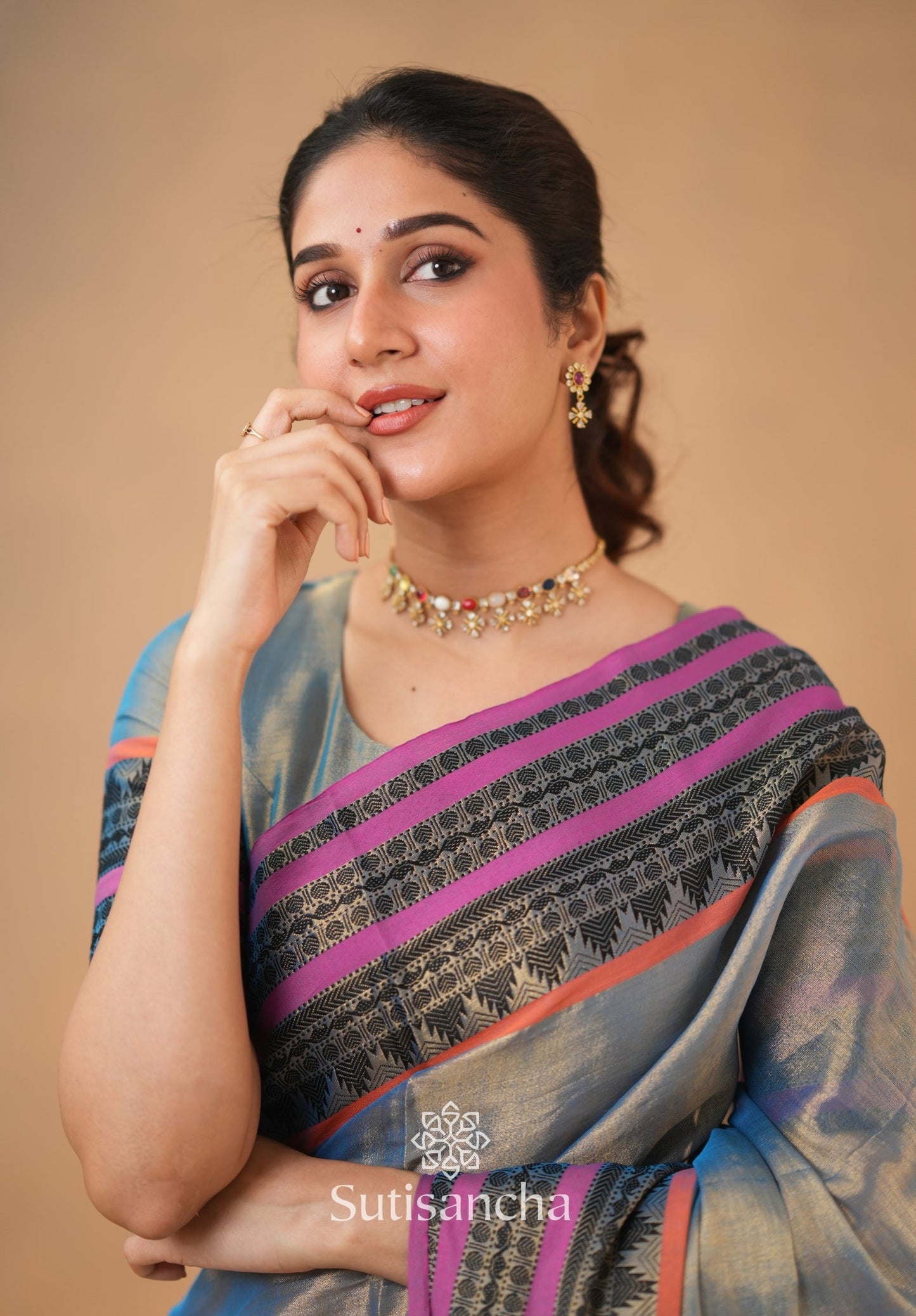 Dhiyona SS South Charm Tissue Cotton Saree with Traditional Border