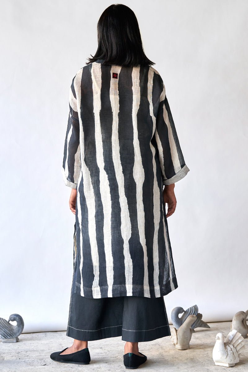 Women's Black and Tofu Stripe Linen Co-ord Set